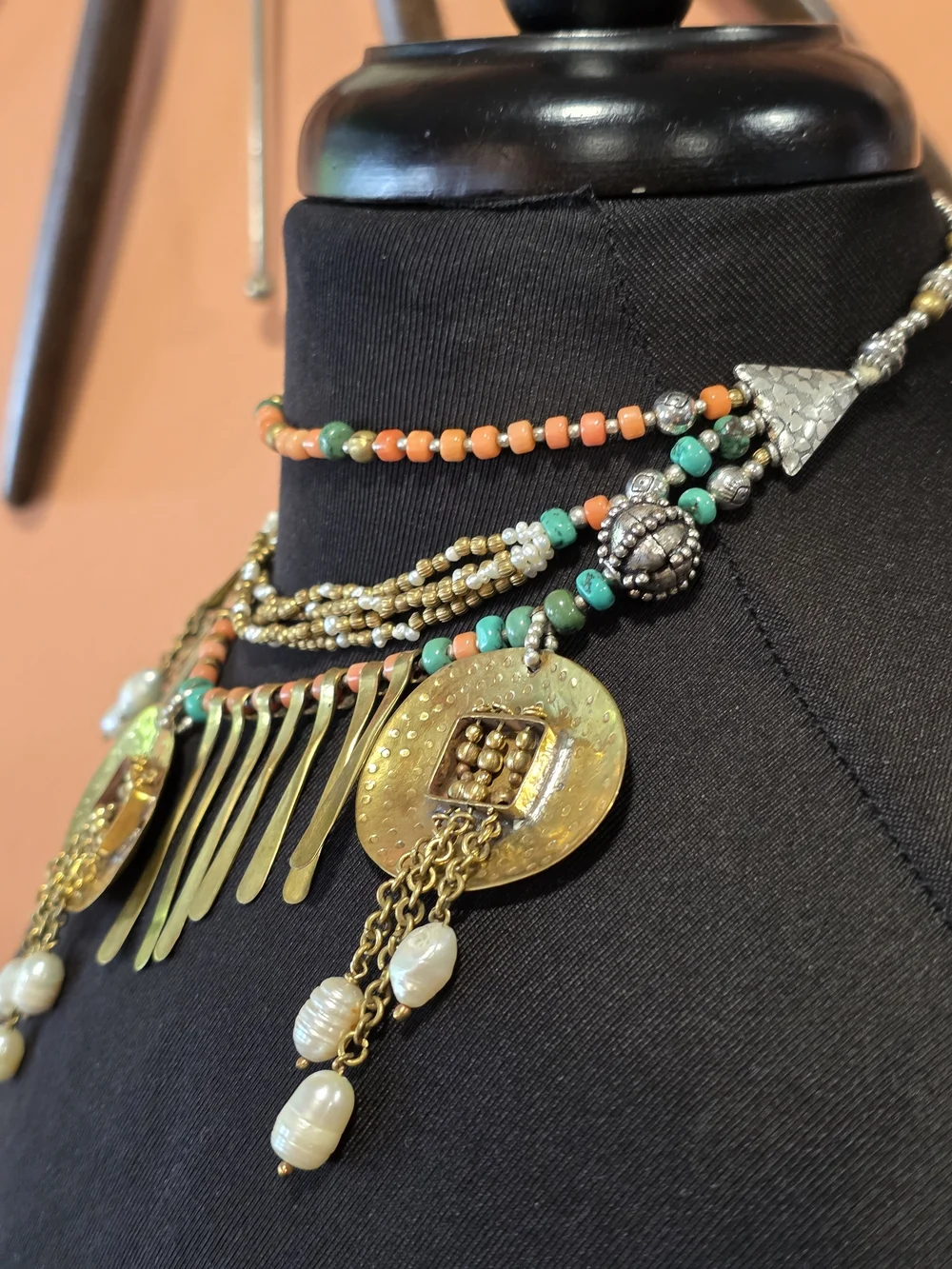 Layered Gold Medallion Necklace with Turquoise and Coral Beads